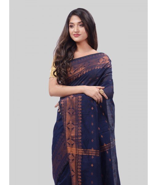 DESH BIDESH Women`s Bengal Cotton Silk Pure Handloom Cotton Saree Kohinoor Work With Blouse Piece(Dark Blue)